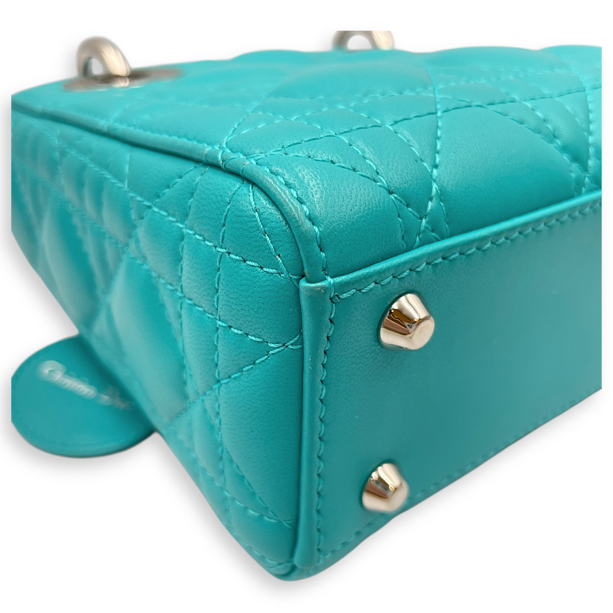 Lady Dior Mini Blue Top Handle in Lambskin, Silver hardware