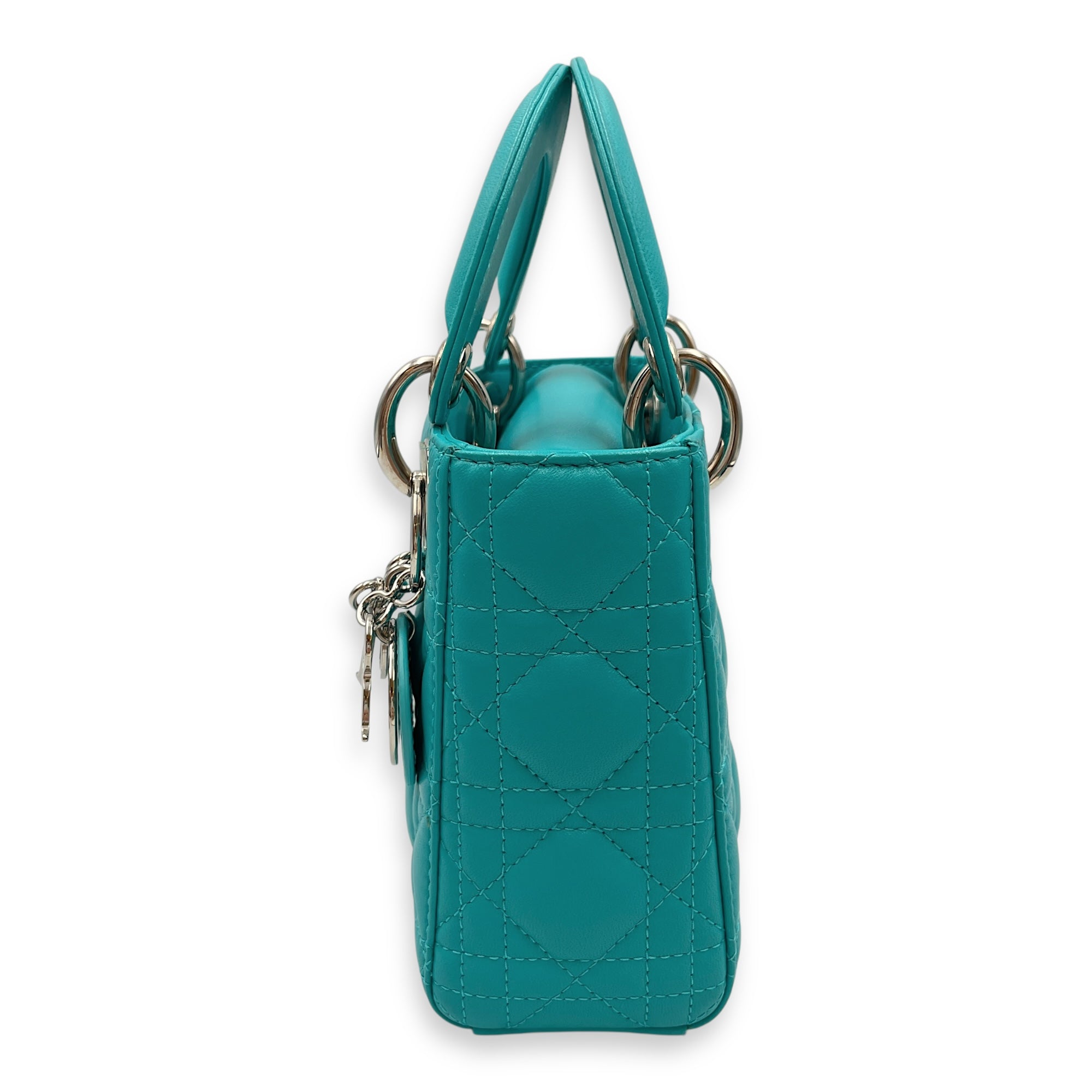 Lady Dior Mini Blue Top Handle in Lambskin, Silver hardware