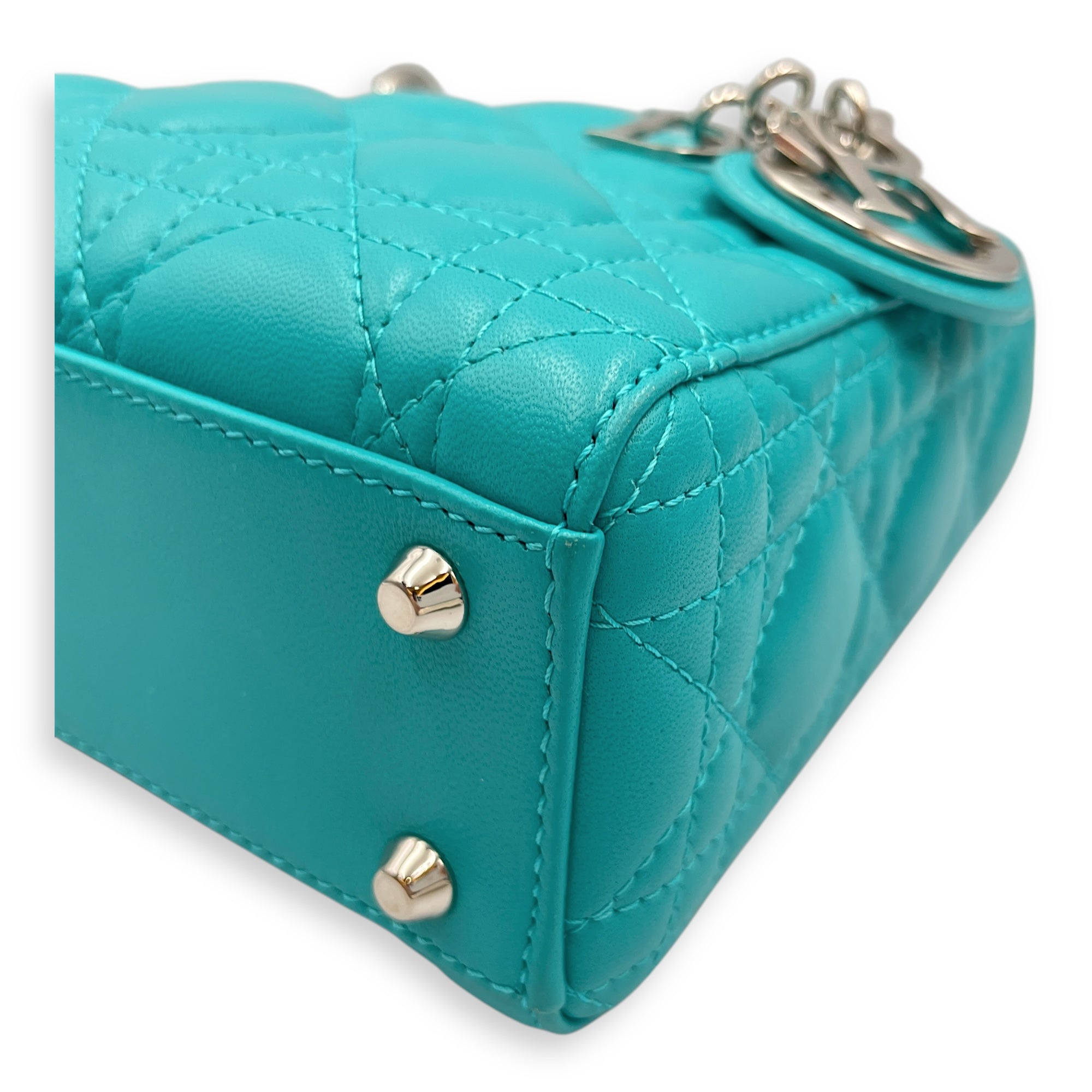 Lady Dior Mini Blue Top Handle in Lambskin, Silver hardware