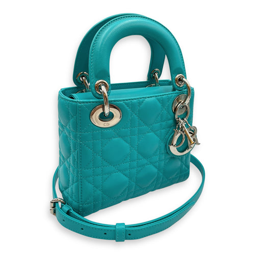 Lady Dior Mini Blue Top Handle in Lambskin, Silver hardware