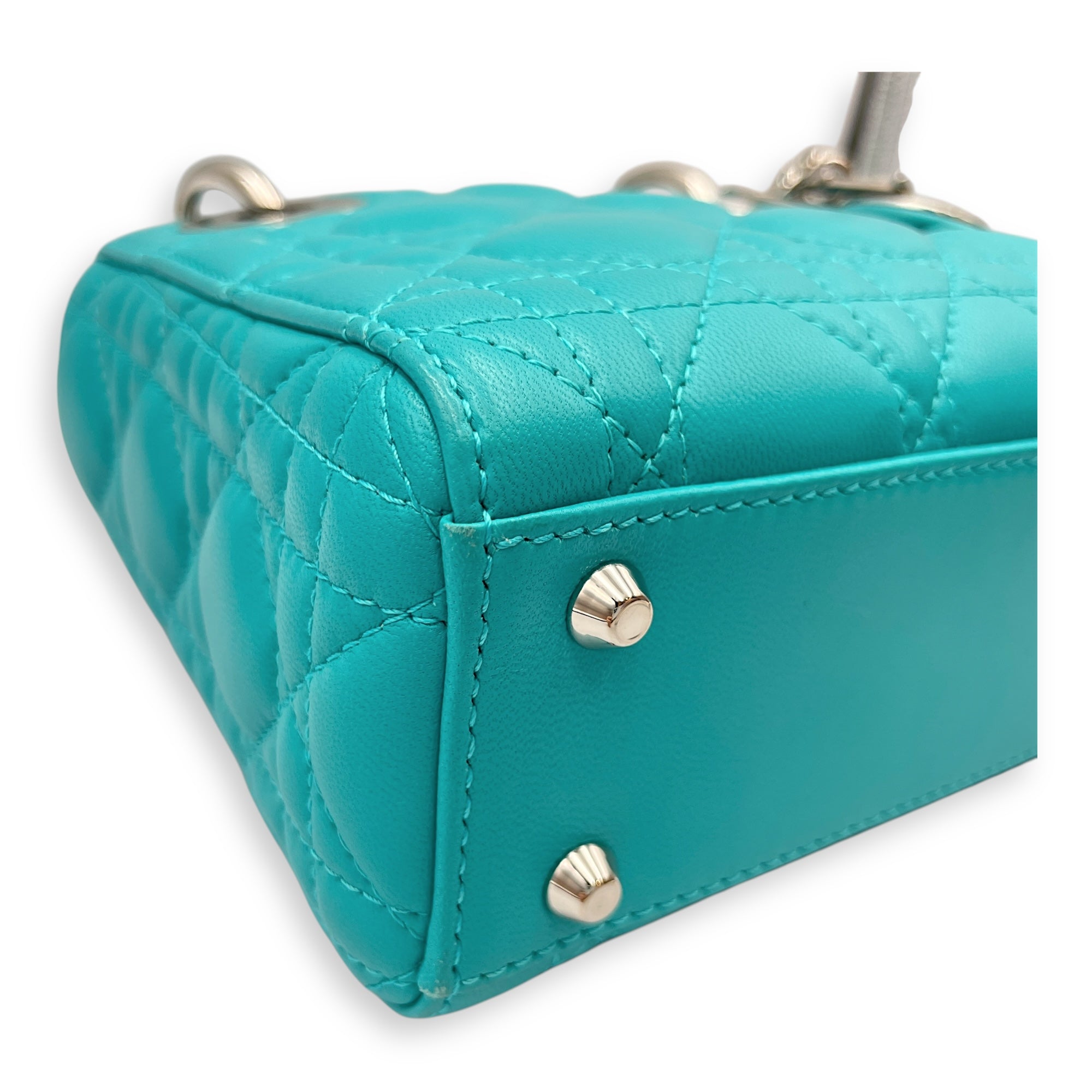 Lady Dior Mini Blue Top Handle in Lambskin, Silver hardware