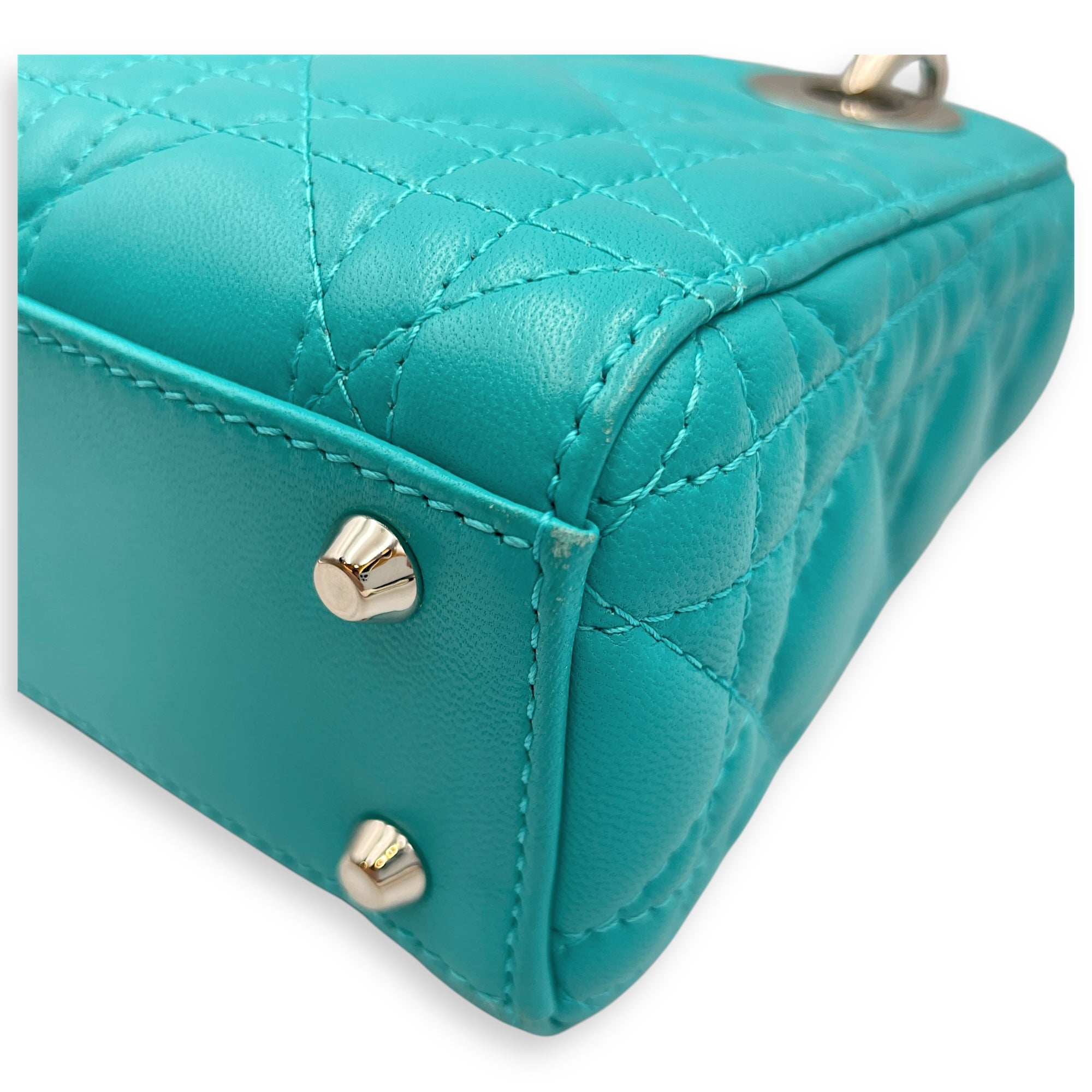 Lady Dior Mini Blue Top Handle in Lambskin, Silver hardware