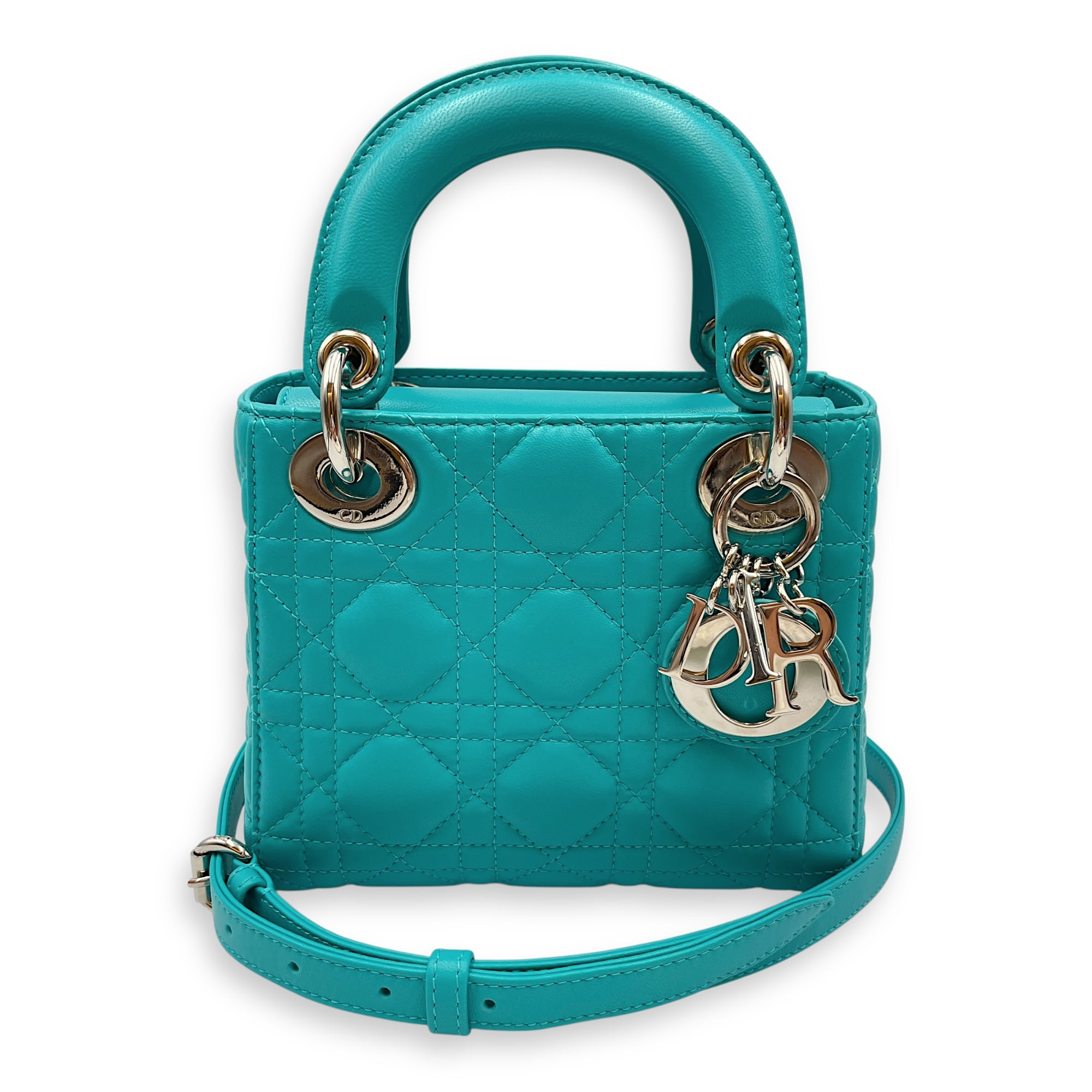 Lady Dior Mini Blue Top Handle in Lambskin, Silver hardware