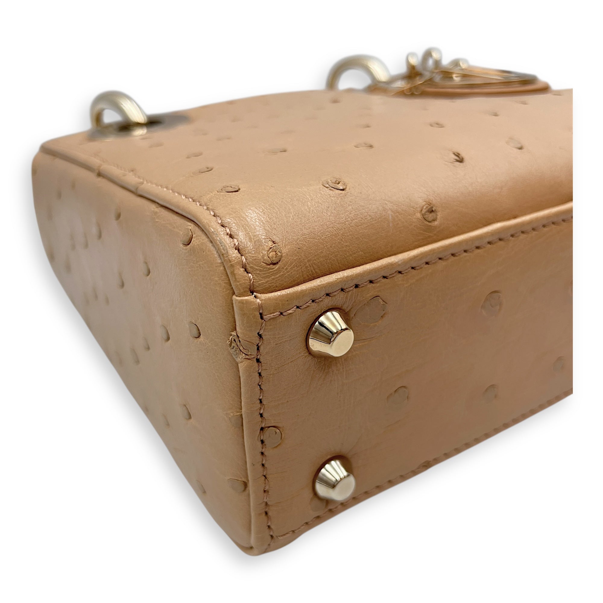 Lady Dior Mini Brown Top Handle Bag in Ostrich, Gold hardware