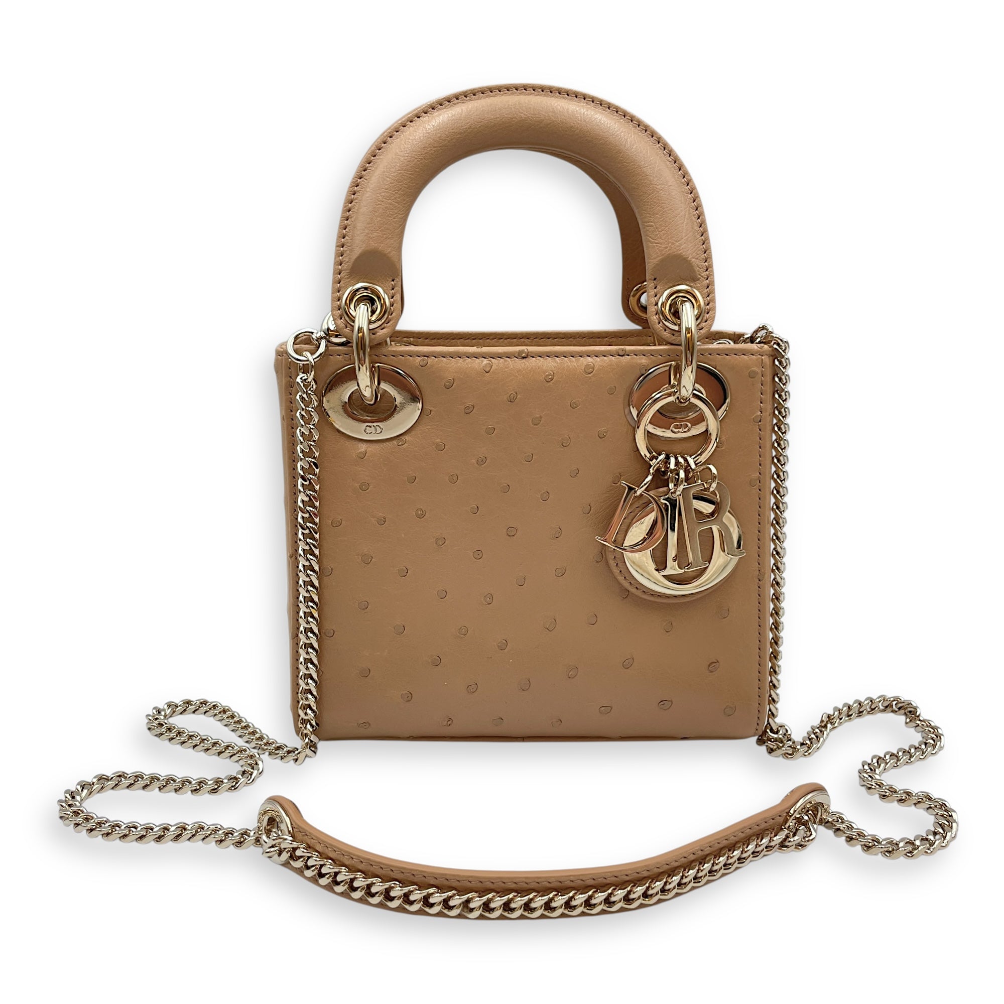 Lady Dior Mini Brown Top Handle Bag in Ostrich, Gold hardware