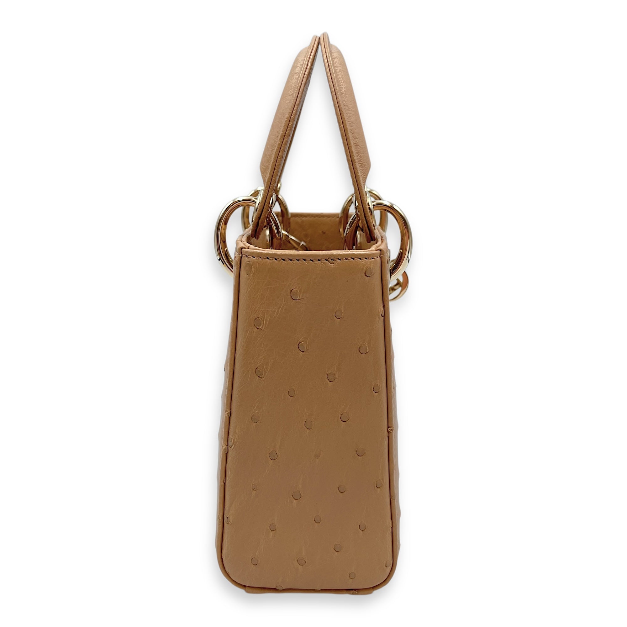 Lady Dior Mini Brown Top Handle Bag in Ostrich, Gold hardware