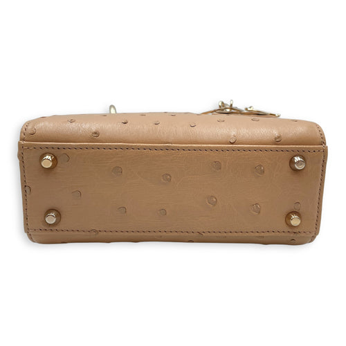 Lady Dior Mini Brown Top Handle Bag in Ostrich, Gold hardware