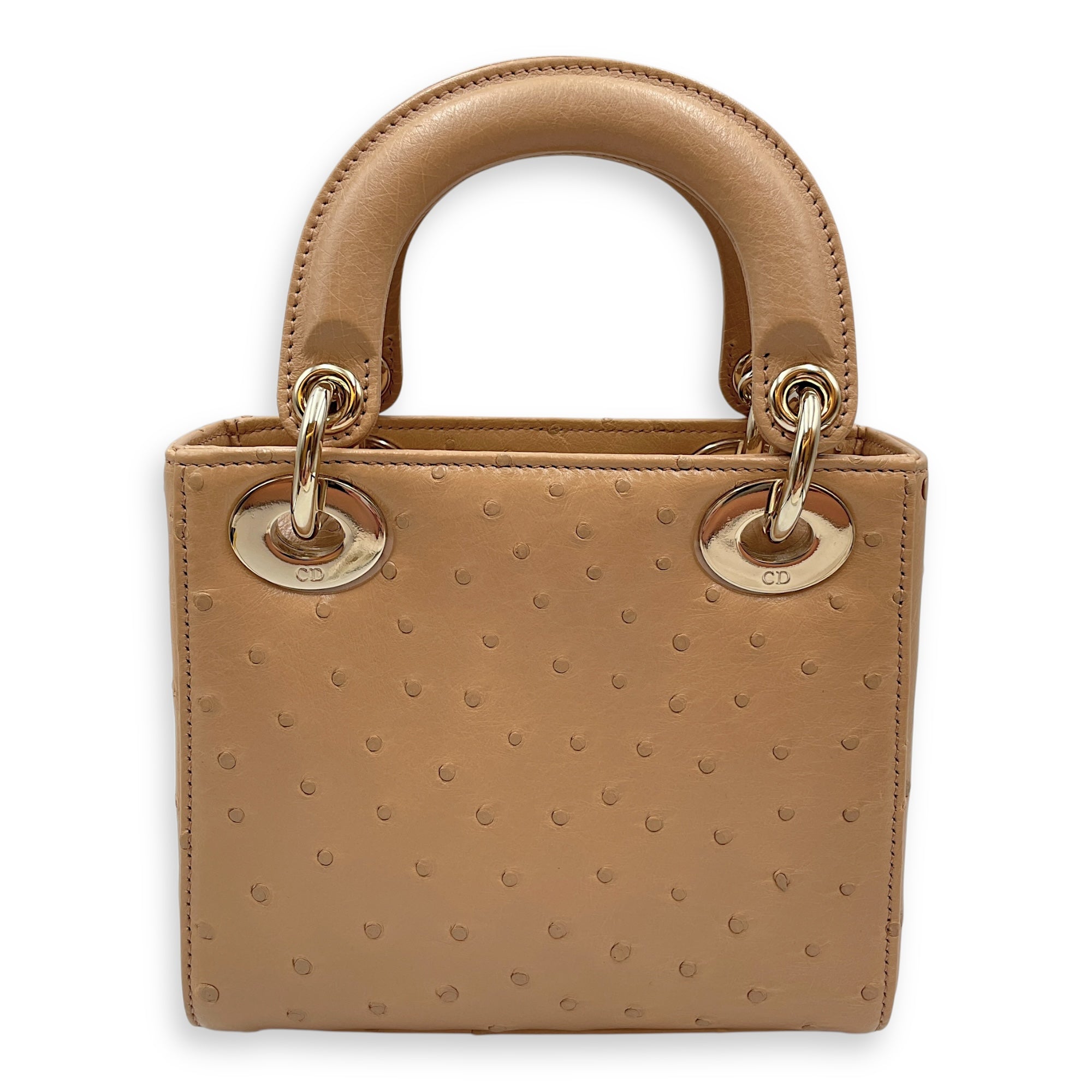 Lady Dior Mini Brown Top Handle Bag in Ostrich, Gold hardware