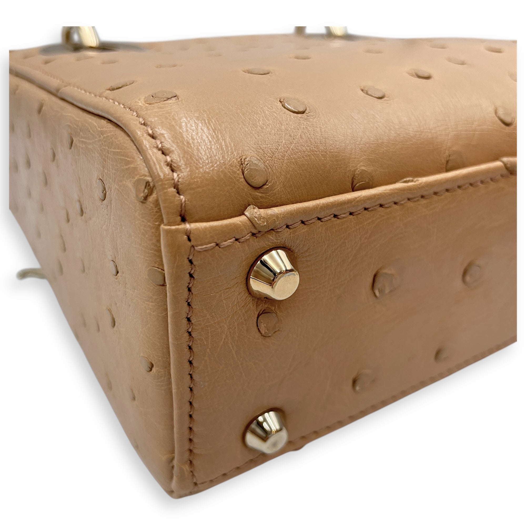 Lady Dior Mini Brown Top Handle Bag in Ostrich, Gold hardware