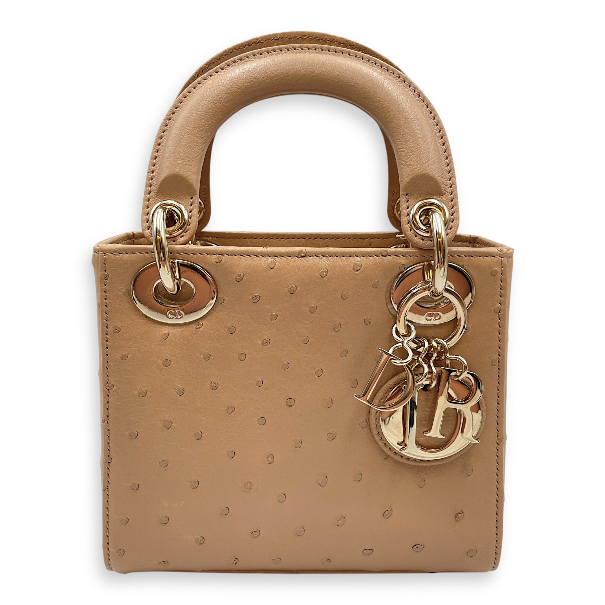 Lady Dior Mini Brown Top Handle Bag in Ostrich, Gold hardware