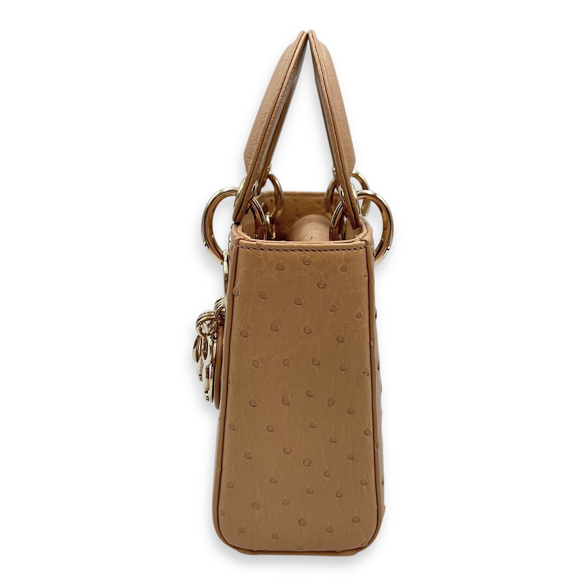 Lady Dior Mini Brown Top Handle Bag in Ostrich, Gold hardware