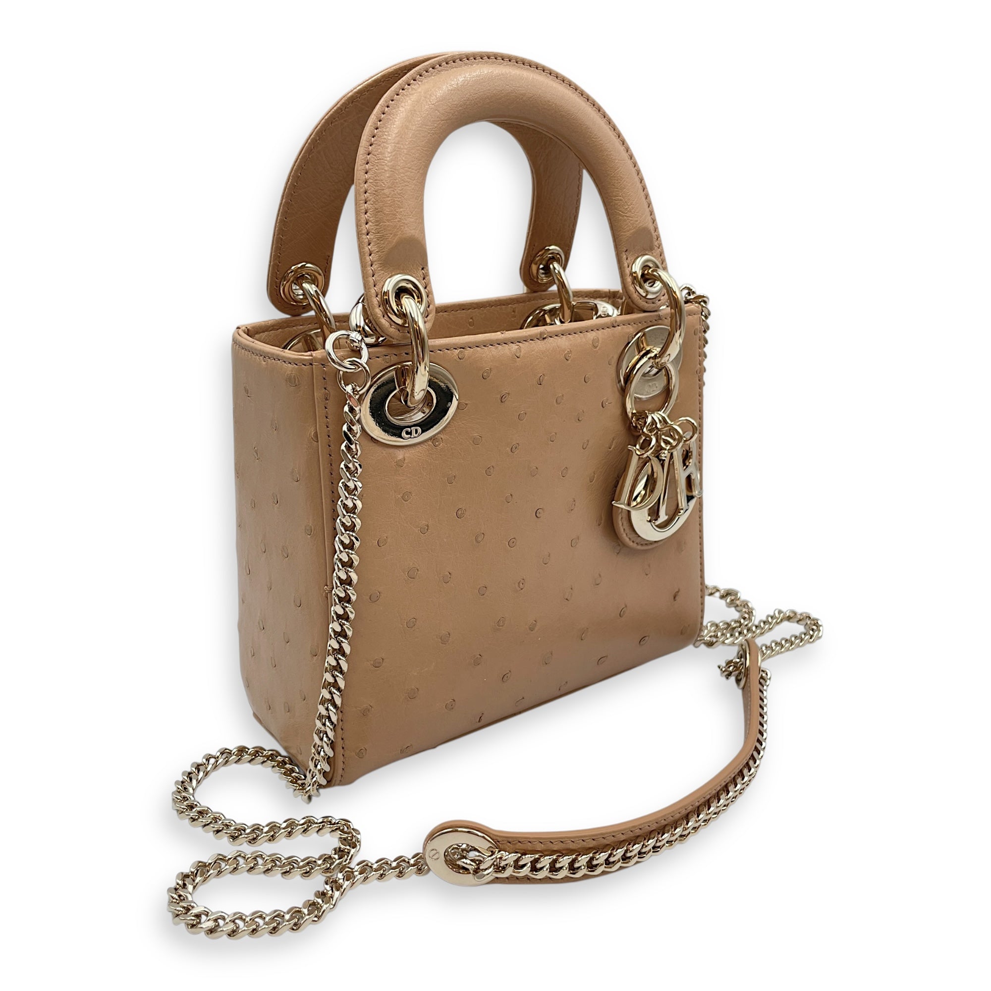 Lady Dior Mini Brown Top Handle Bag in Ostrich, Gold hardware