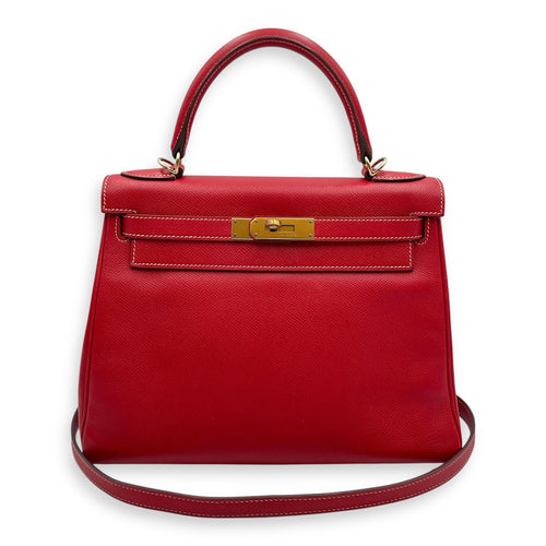 Kelly 28 Rouge Casaque/Blue thalassa in Epsom Permabrass hardware