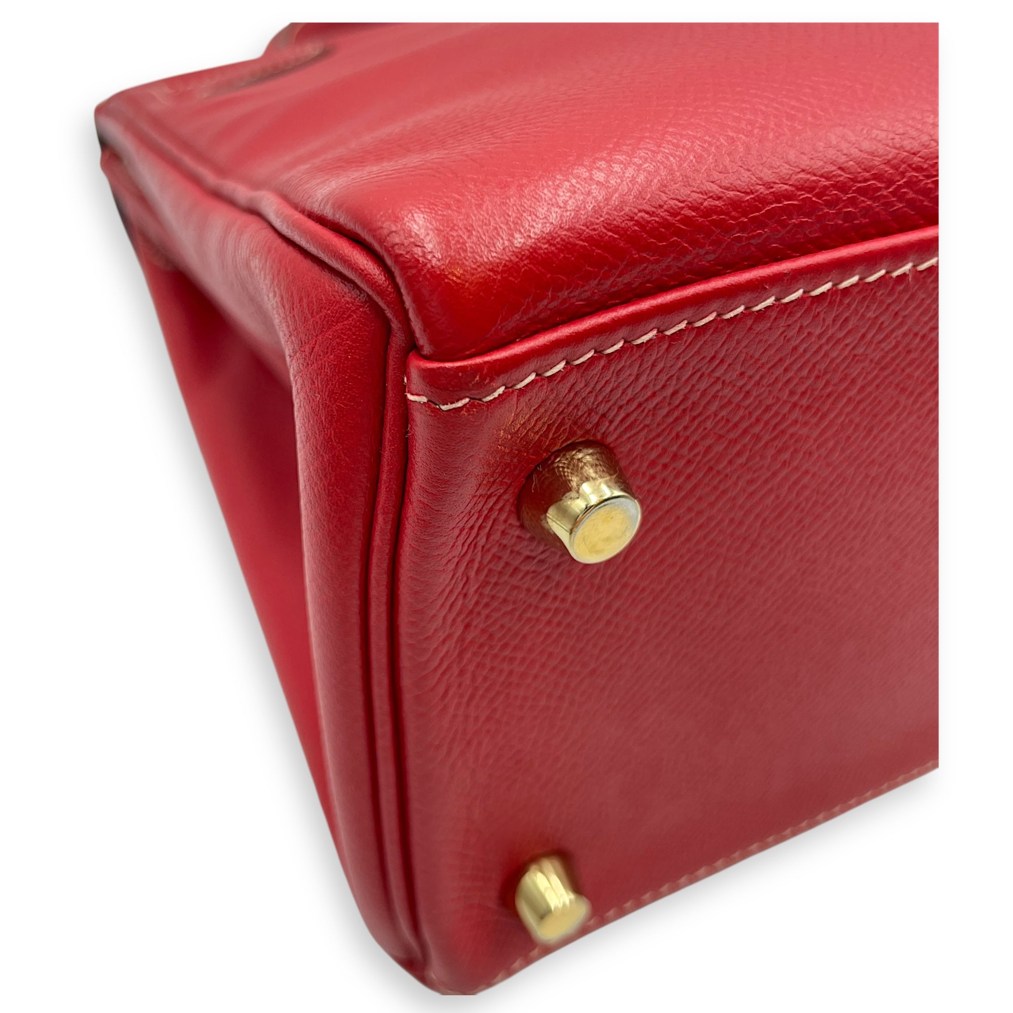 Kelly 28 Rouge Casaque/Blue thalassa in Epsom Permabrass hardware