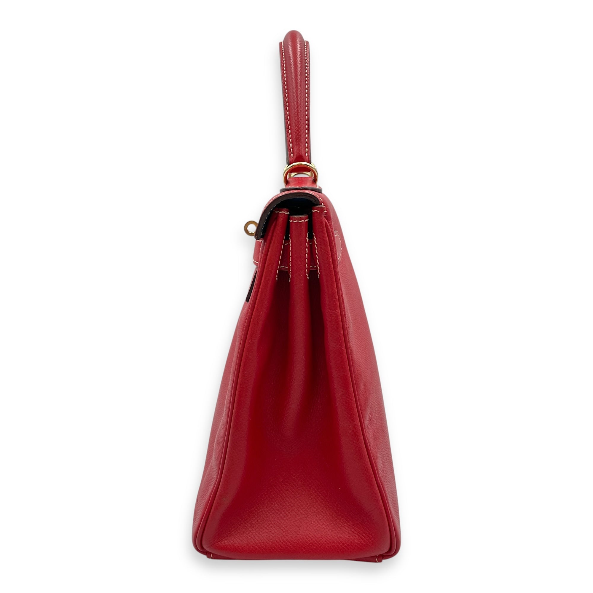Kelly 28 Rouge Casaque/Blue thalassa in Epsom Permabrass hardware