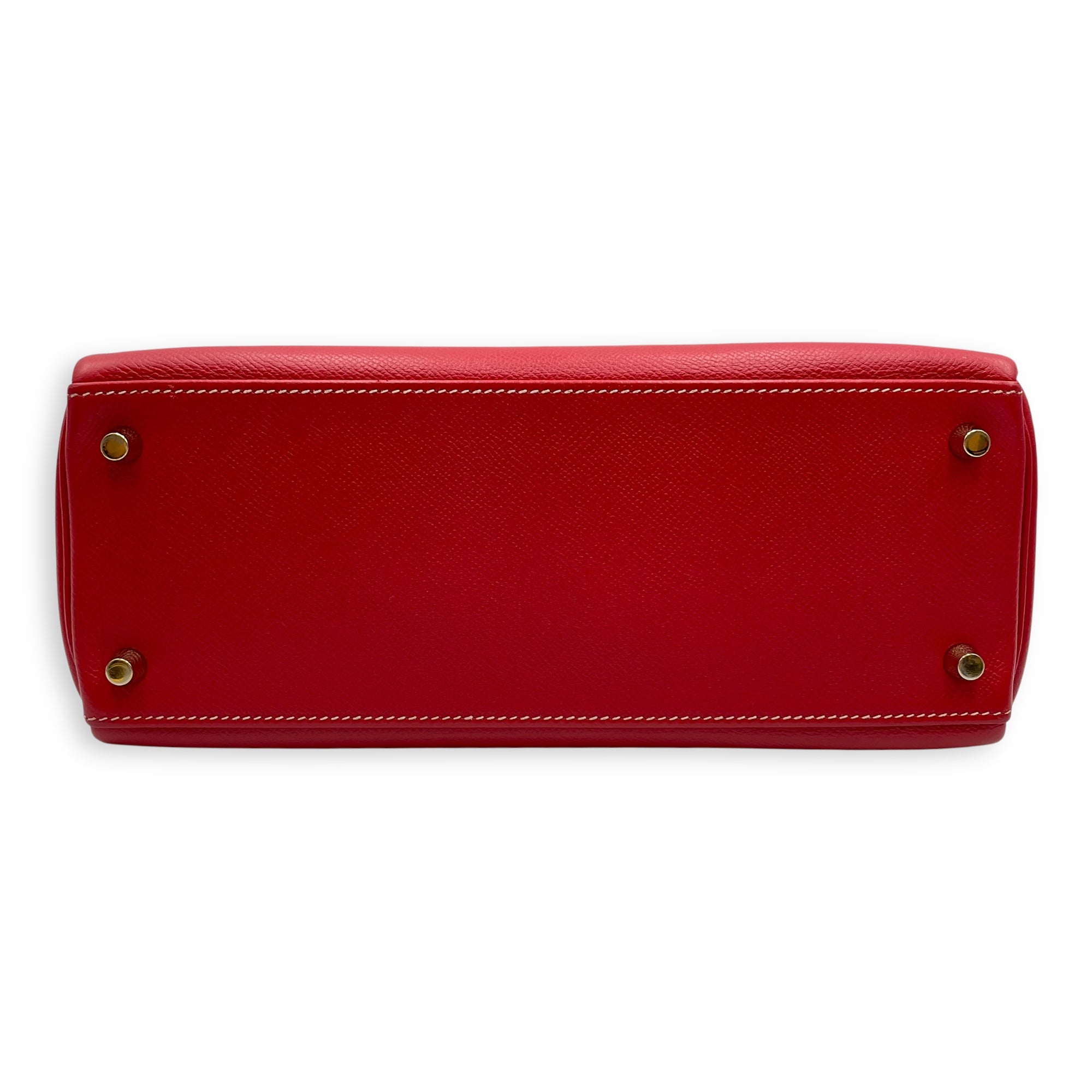 Kelly 28 Rouge Casaque/Blue thalassa in Epsom Permabrass hardware