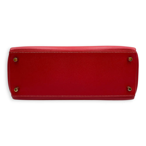 Kelly 28 Rouge Casaque/Blue thalassa in Epsom Permabrass hardware