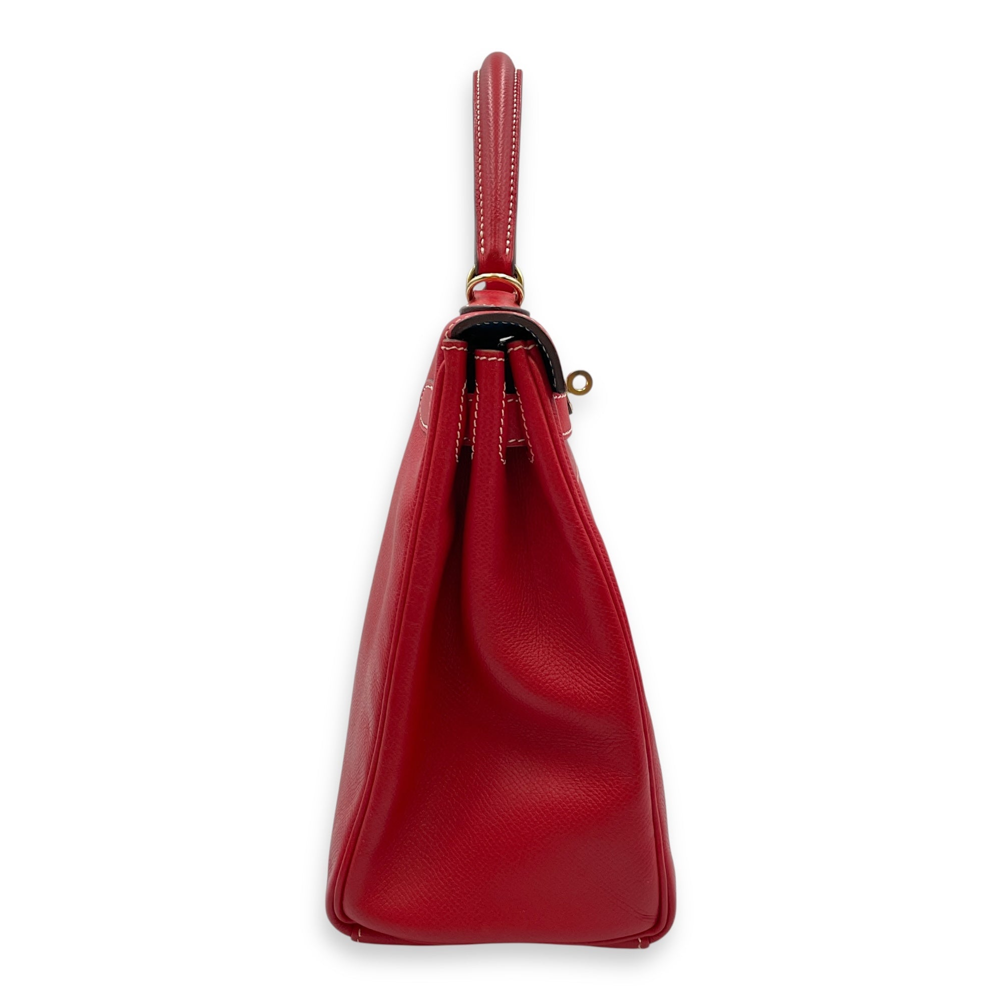 Kelly 28 Rouge Casaque/Blue thalassa in Epsom Permabrass hardware
