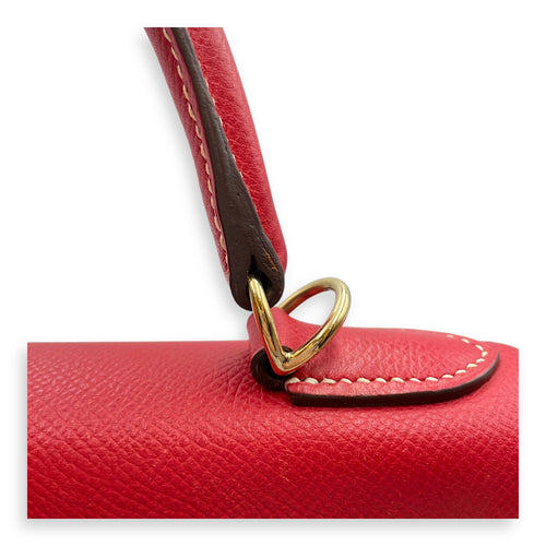 Kelly 28 Rouge Casaque/Blue thalassa in Epsom Permabrass hardware