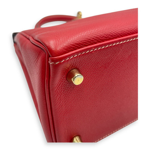 Kelly 28 Rouge Casaque/Blue thalassa in Epsom Permabrass hardware