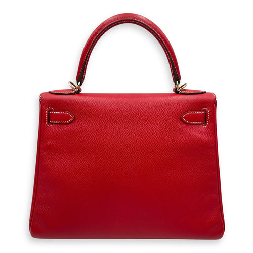 Kelly 28 Rouge Casaque/Blue thalassa in Epsom Permabrass hardware
