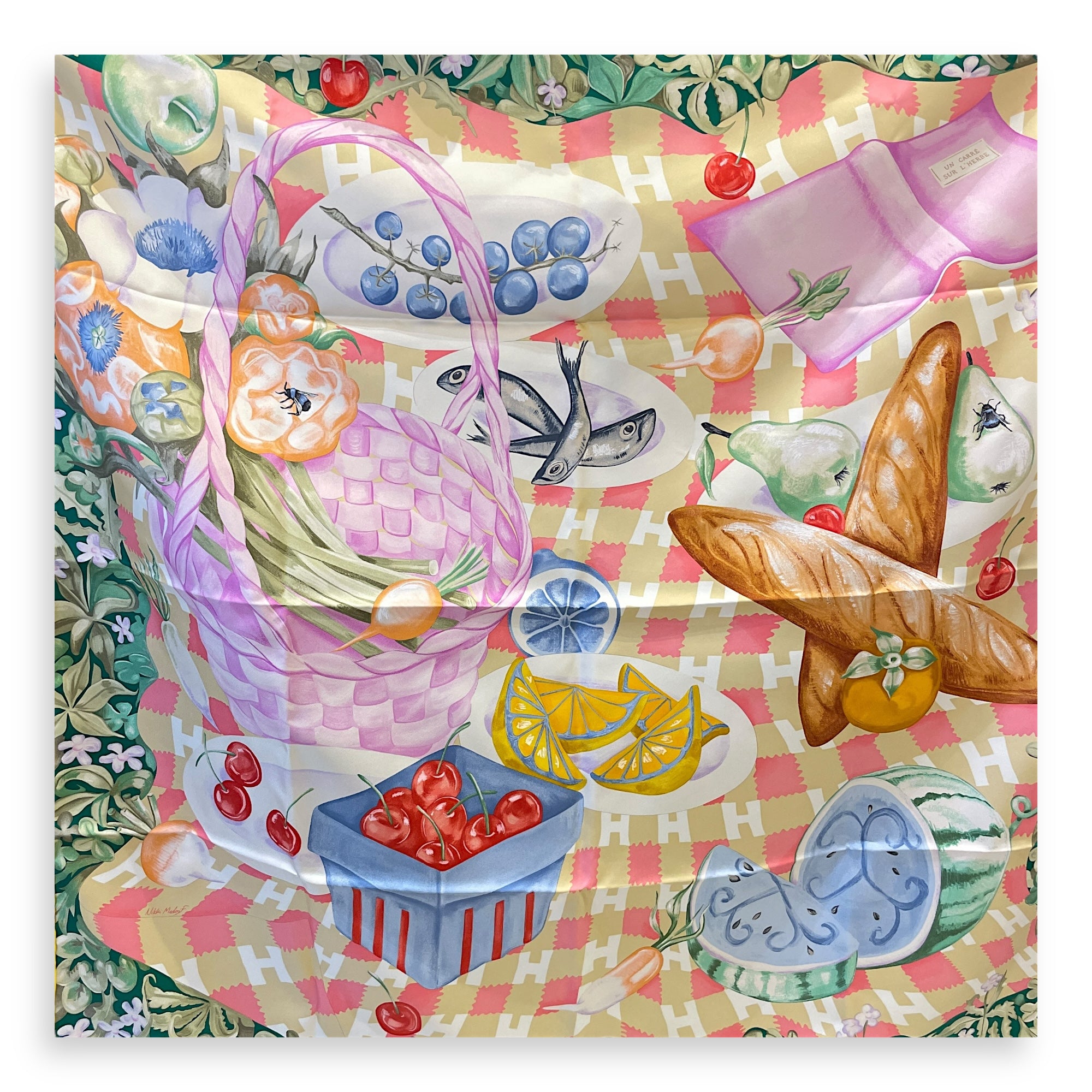 Un Carre sur l'Herbe 90 Vert/Jaune/Mauve Scarf