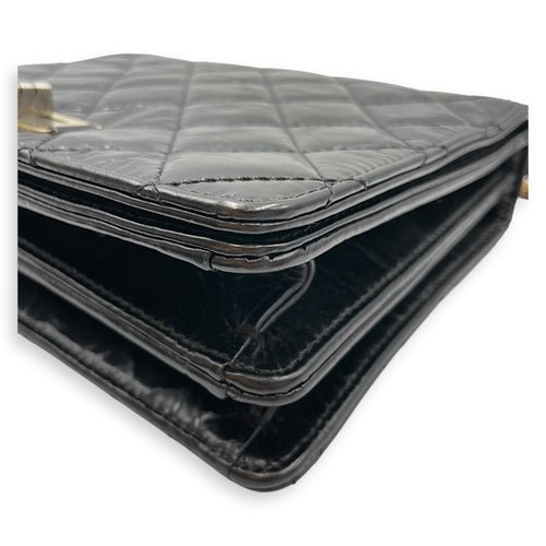 Crinkled Quilted Rita Flap Black Shoulder Bag in Distressed Leather, Brushed Gold hardware