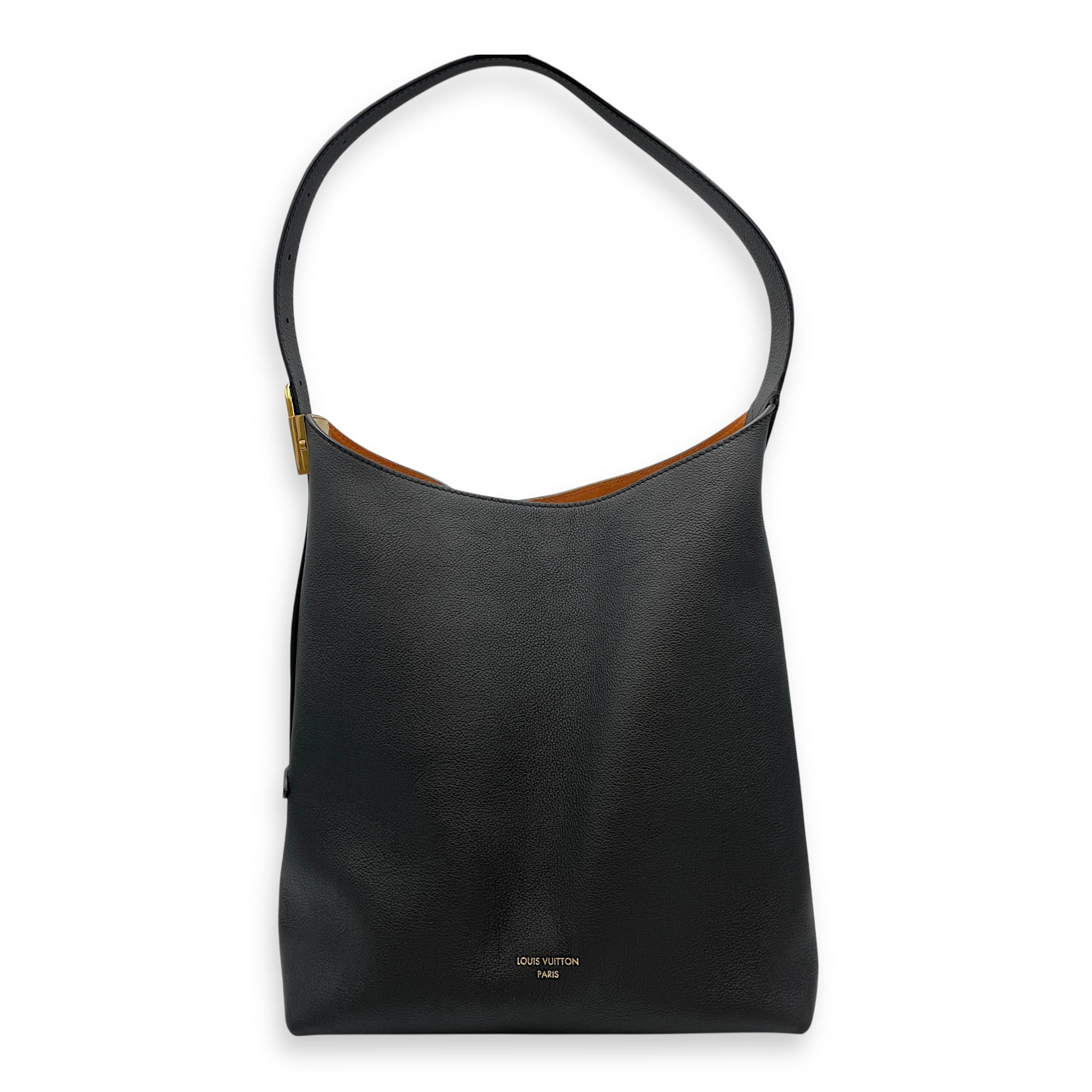 Low Key Hobo MM Black Shoulder Bag in Calfskin, Gold hardware