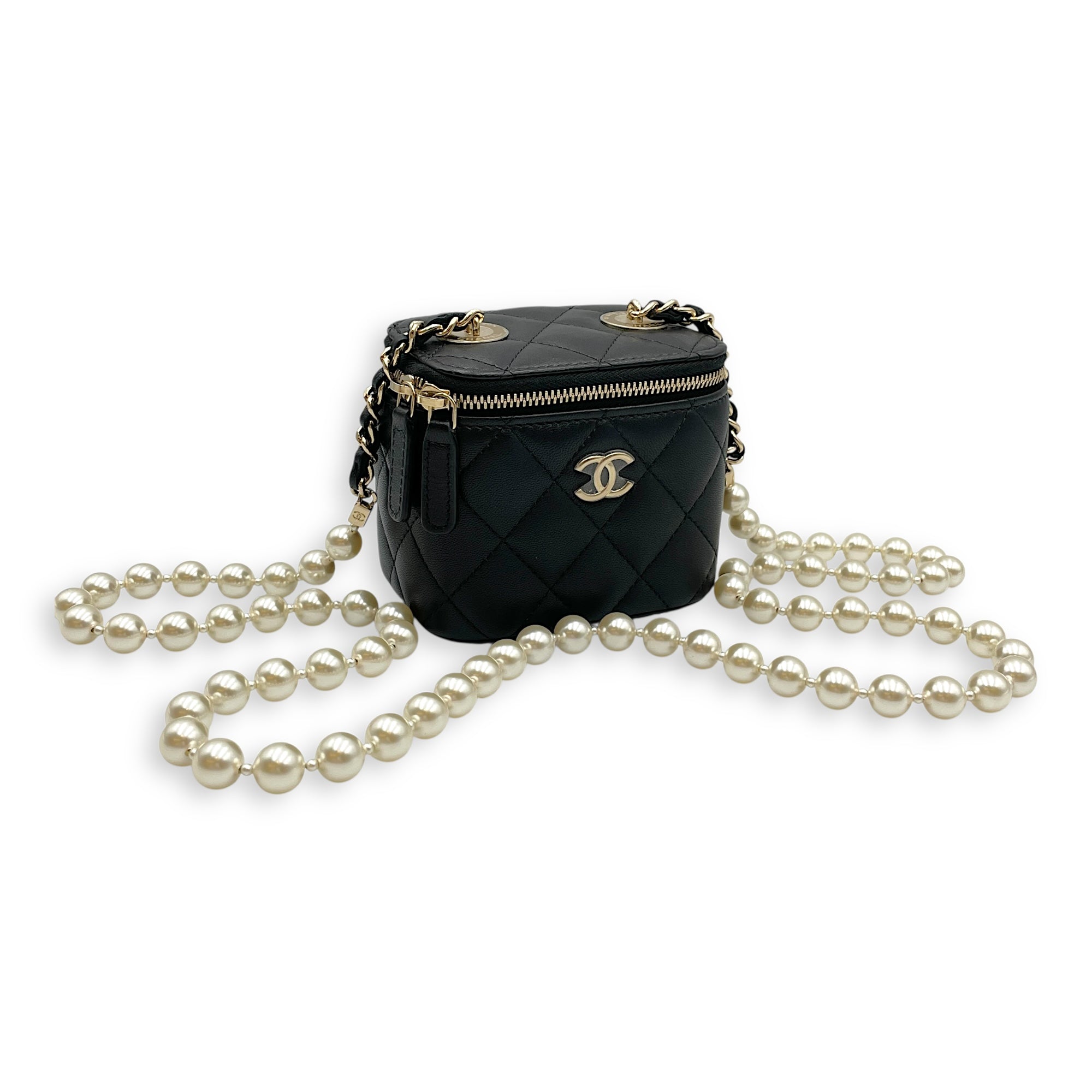 Vanity Case with Pearl Strap Black Crossbody Bag in Lambskin Gold hardware