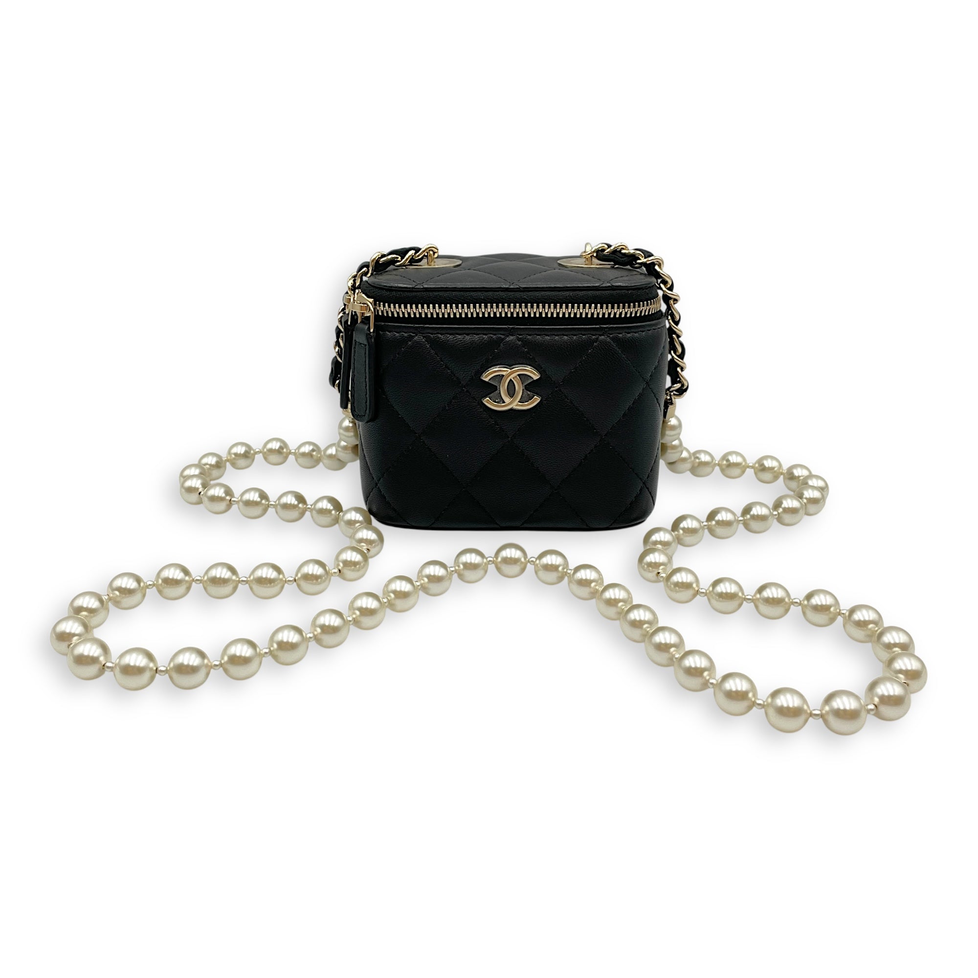 Vanity Case with Pearl Strap Black Crossbody Bag in Lambskin Gold hardware