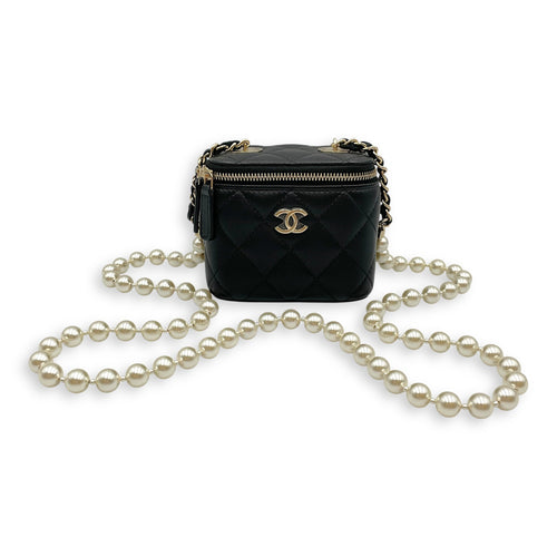 Vanity Case with Pearl Strap Black Crossbody Bag in Lambskin Gold hardware