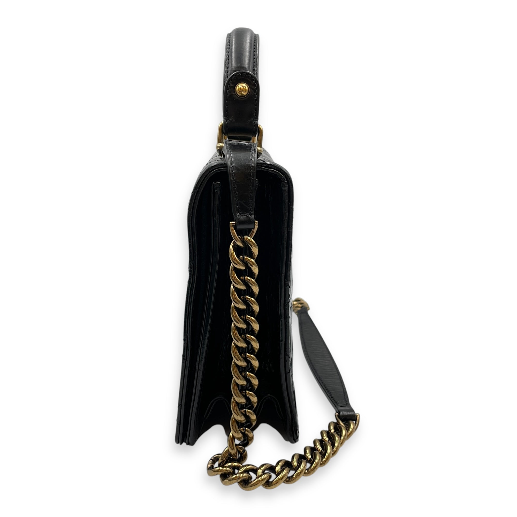 Crinkled Quilted Rita Flap Black Shoulder Bag in Distressed Leather, Brushed Gold hardware