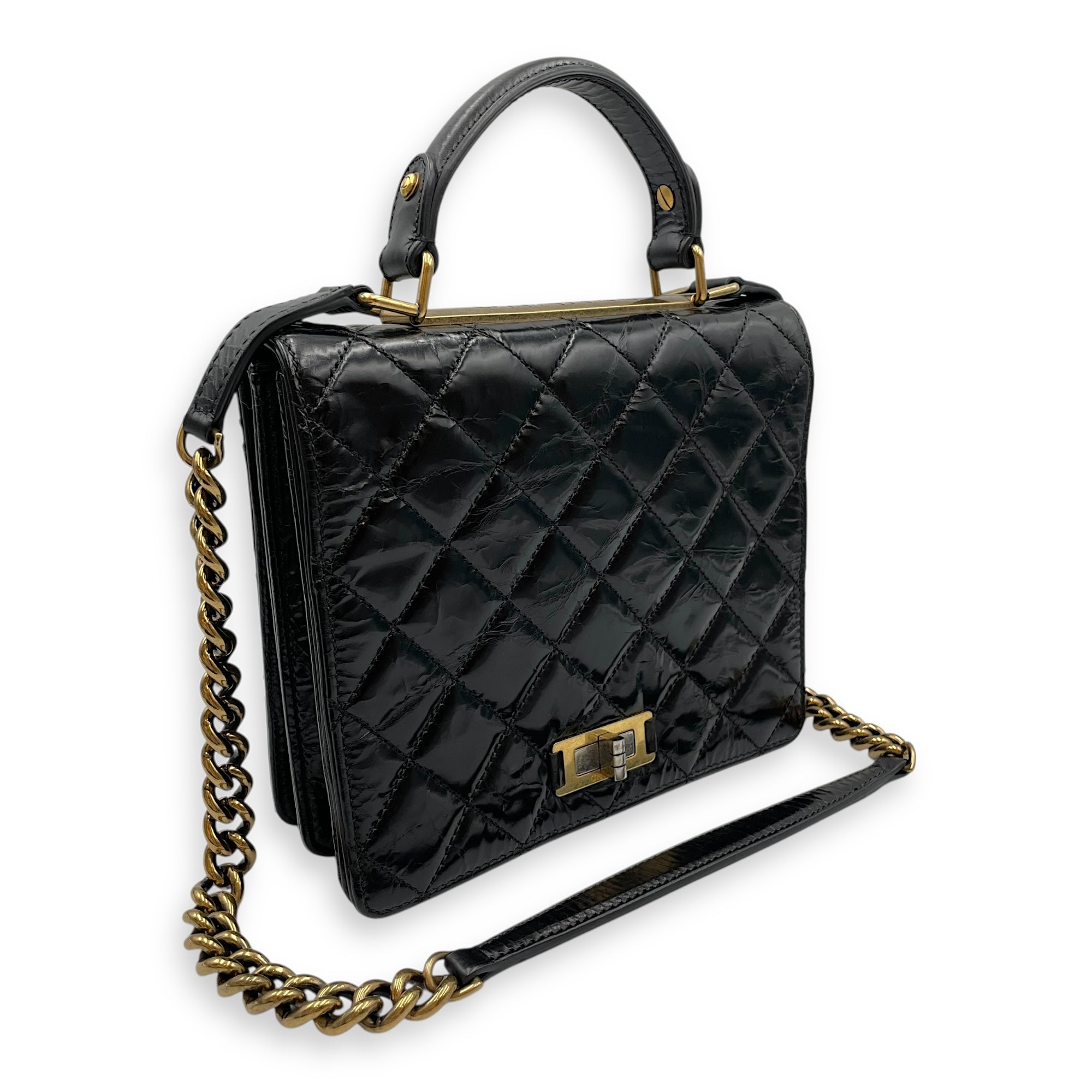 Crinkled Quilted Rita Flap Black Shoulder Bag in Distressed Leather, Brushed Gold hardware
