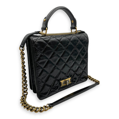 Crinkled Quilted Rita Flap Black Shoulder Bag in Distressed Leather, Brushed Gold hardware