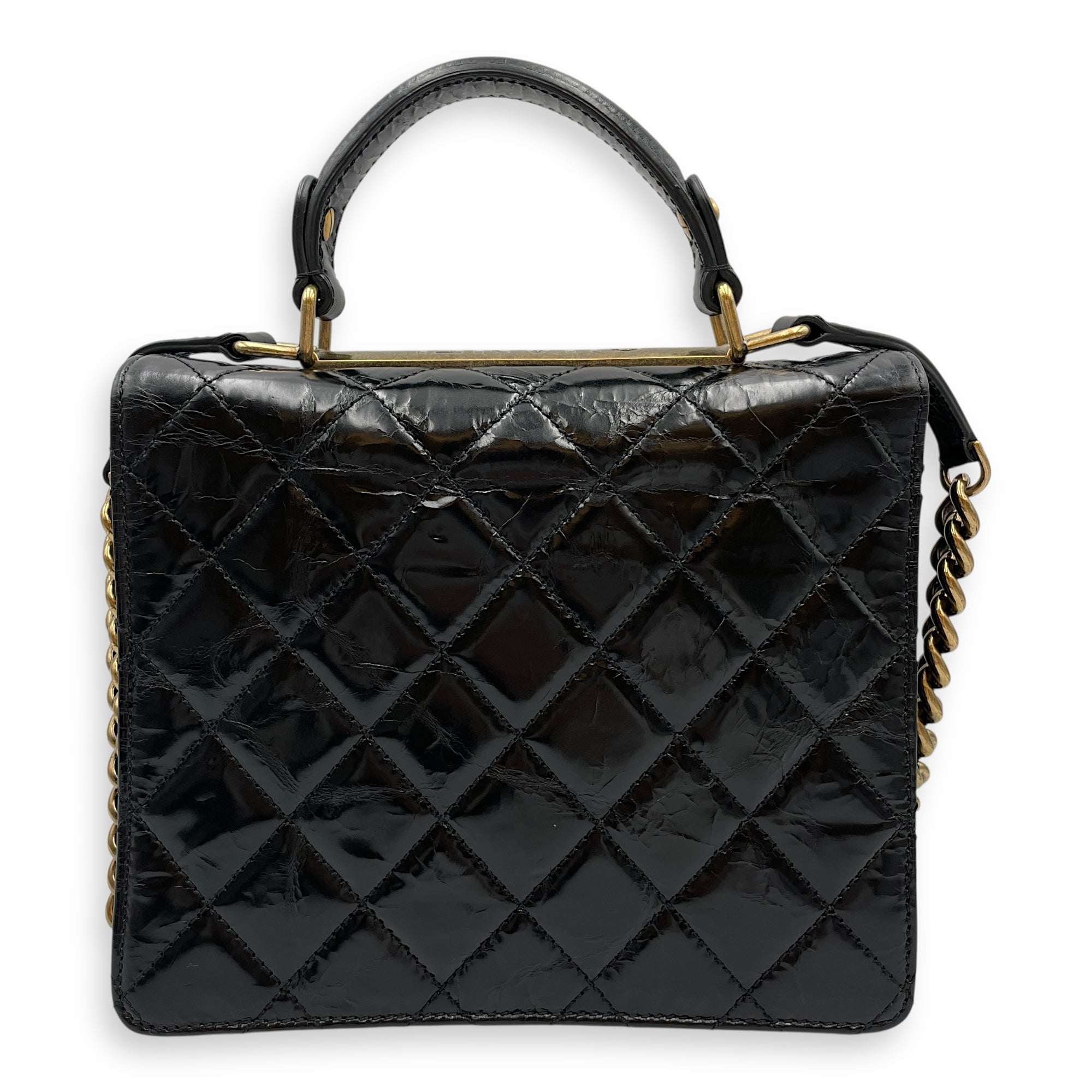 Crinkled Quilted Rita Flap Black Shoulder Bag in Distressed Leather, Brushed Gold hardware