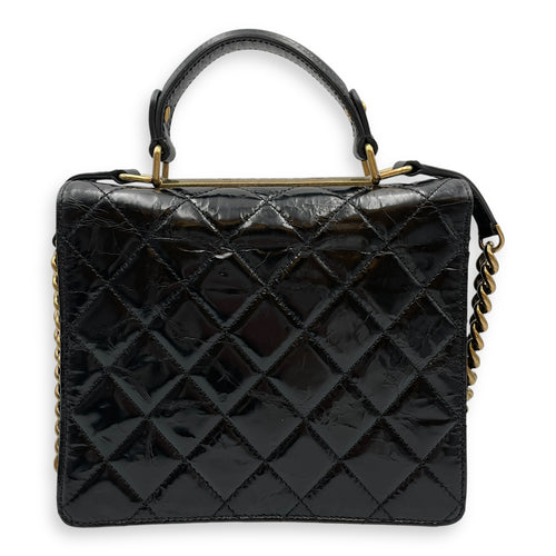 Crinkled Quilted Rita Flap Black Shoulder Bag in Distressed Leather, Brushed Gold hardware