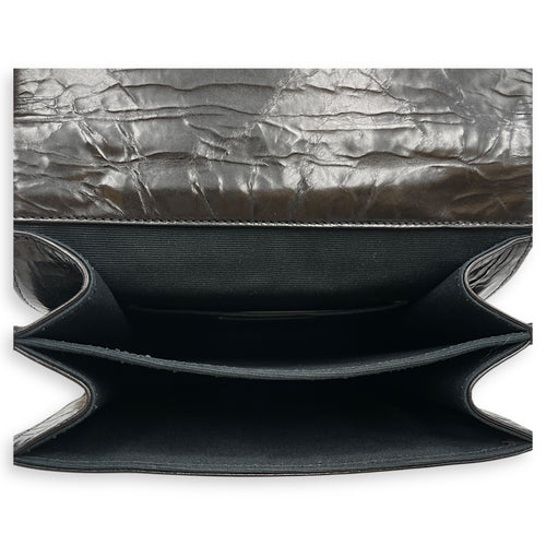 Crinkled Quilted Rita Flap Black Shoulder Bag in Distressed Leather, Brushed Gold hardware