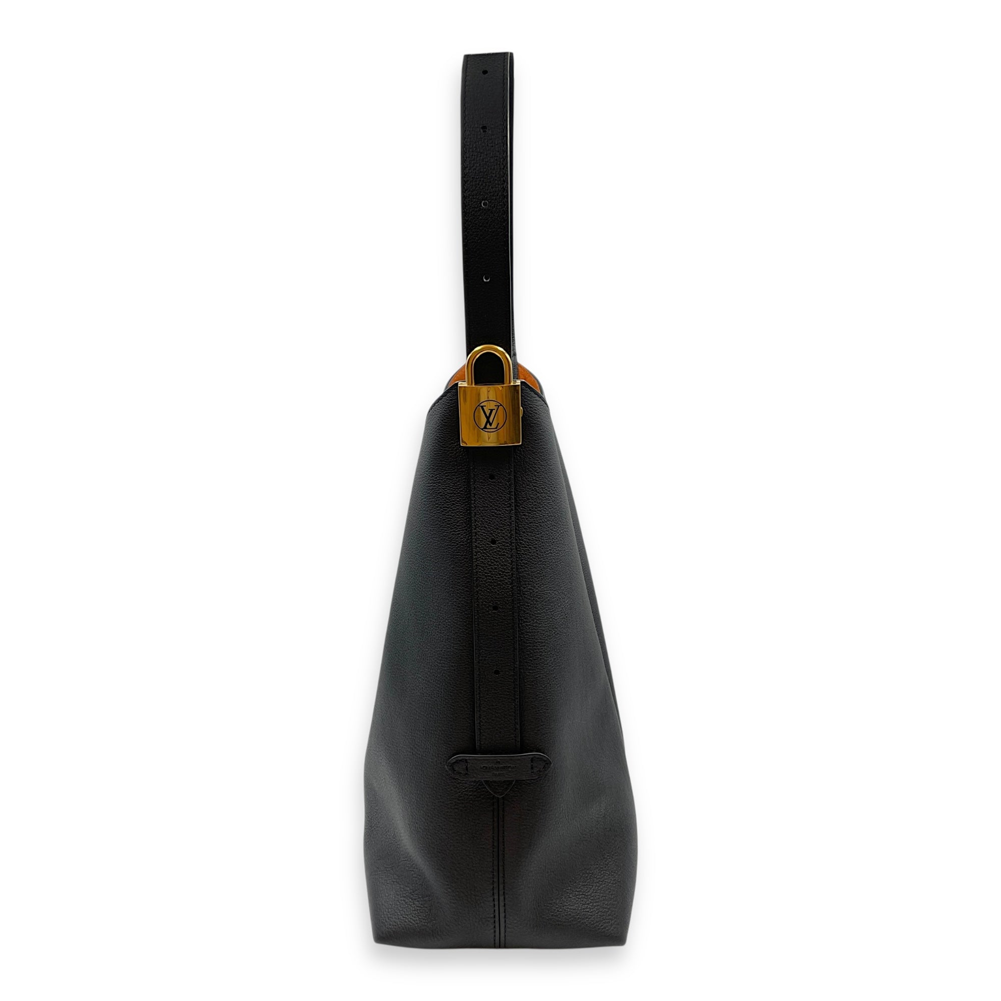 Low Key Hobo MM Black Shoulder Bag in Calfskin, Gold hardware