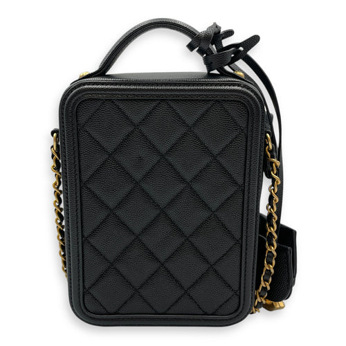 Quilted Filigree Vanity Case Black Crossbody Bag in Caviar Leather, Gold hardware