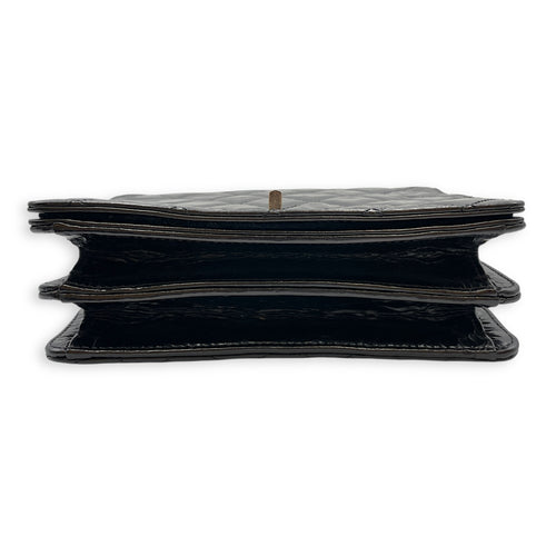 Crinkled Quilted Rita Flap Black Shoulder Bag in Distressed Leather, Brushed Gold hardware