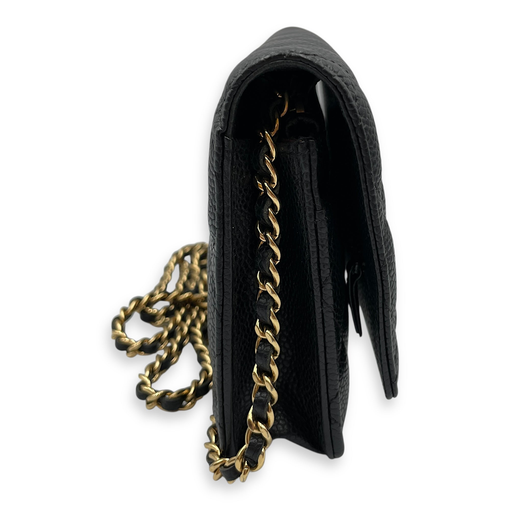 Quilted CC Wallet on Chain Black Crossbody Bag in Caviar Leather, Gold hardware