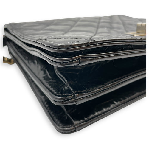 Crinkled Quilted Rita Flap Black Shoulder Bag in Distressed Leather, Brushed Gold hardware