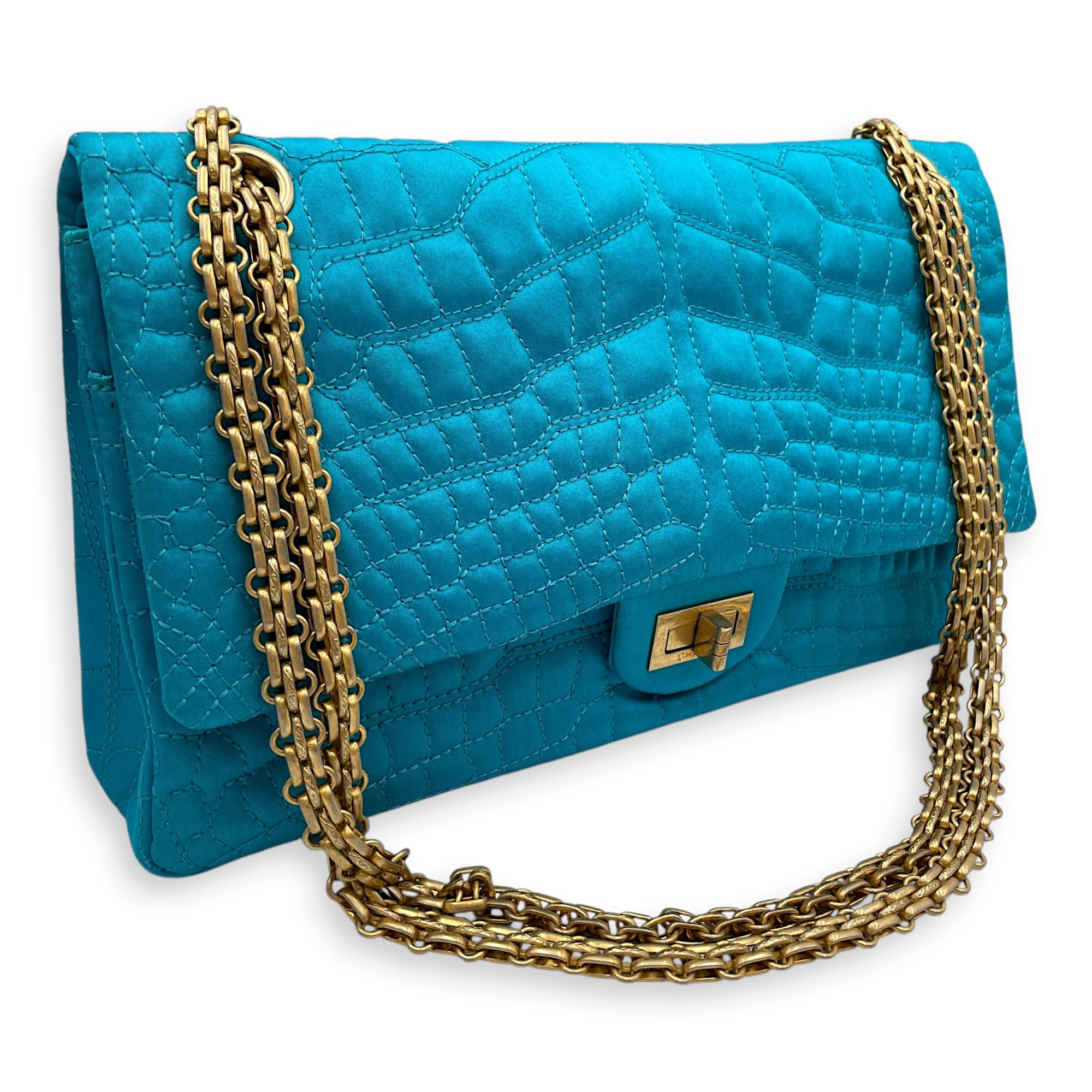 Reissue Seasonal Double Flap Blue Shoulder Bag in Satin, Gold hardware