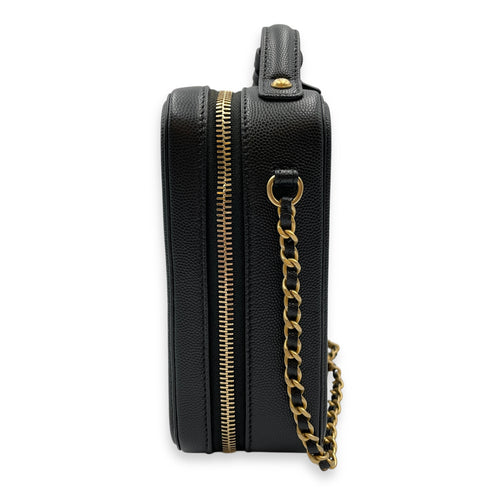 Quilted Filigree Vanity Case Black Crossbody Bag in Caviar Leather, Gold hardware