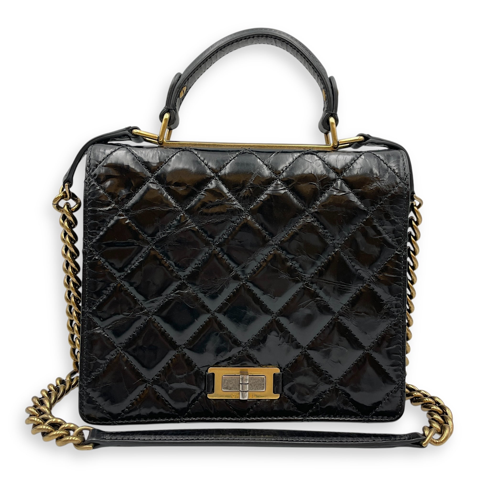 Crinkled Quilted Rita Flap Black Shoulder Bag in Distressed Leather, Brushed Gold hardware