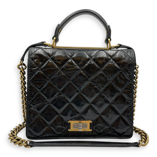 Crinkled Quilted Rita Flap Black Shoulder Bag in Distressed Leather, Brushed Gold hardware
