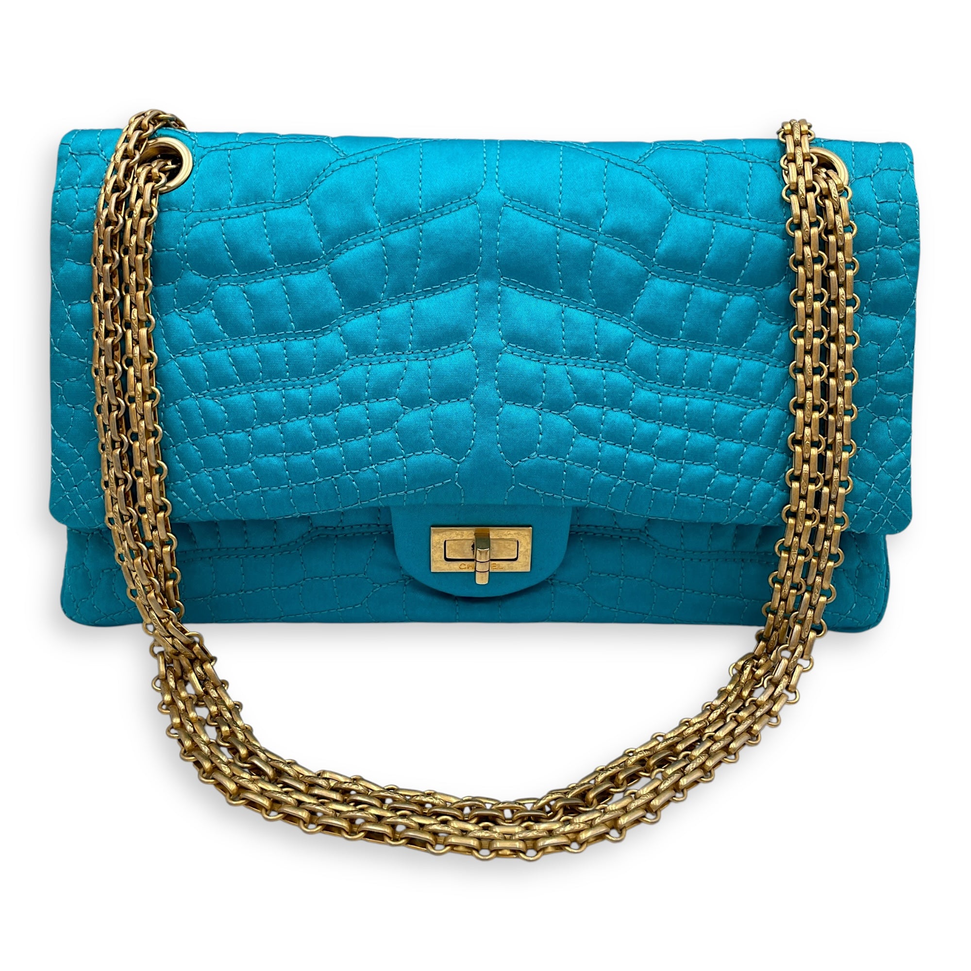 Reissue Seasonal Double Flap Blue Shoulder Bag in Satin, Gold hardware
