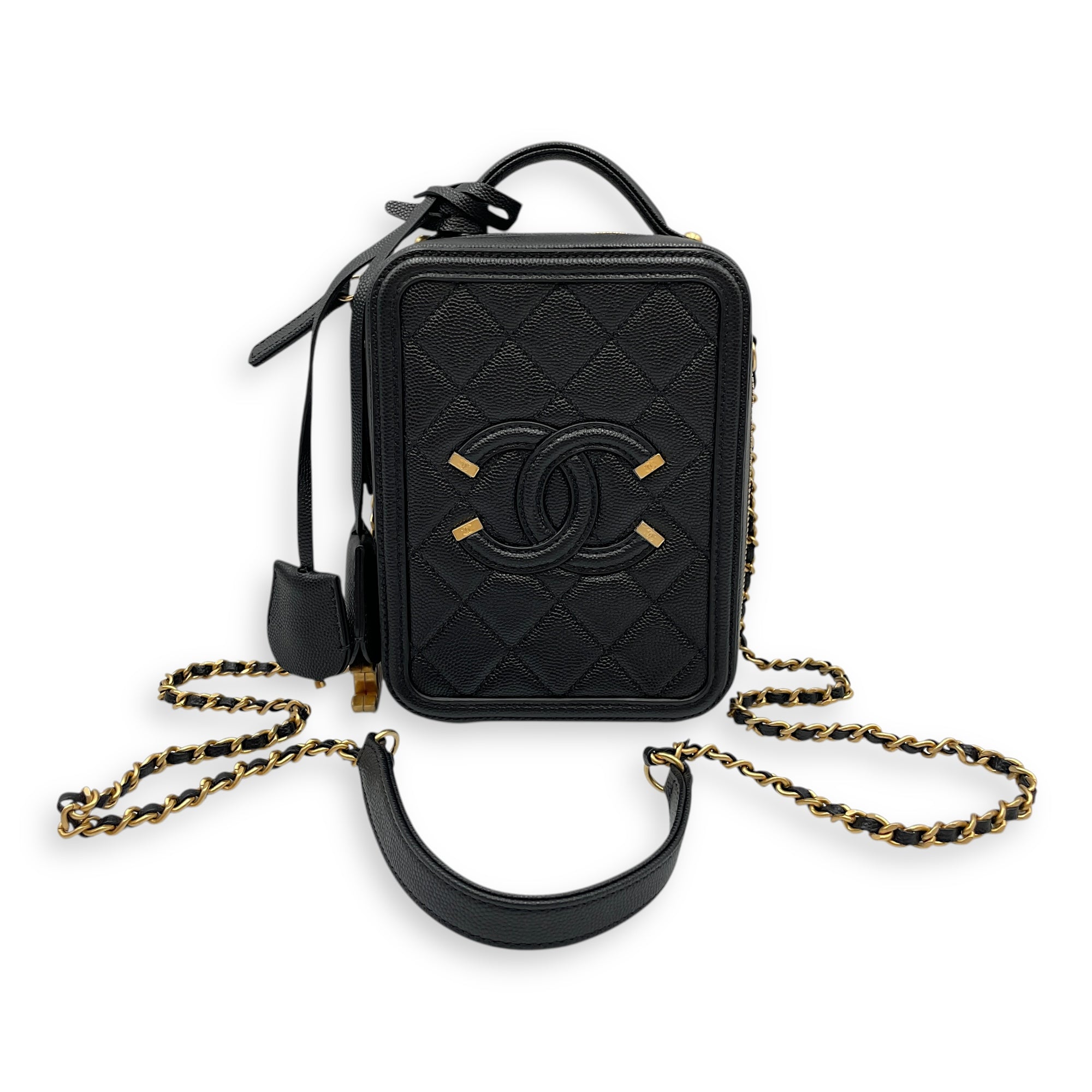 Quilted Filigree Vanity Case Black Crossbody Bag in Caviar Leather, Gold hardware