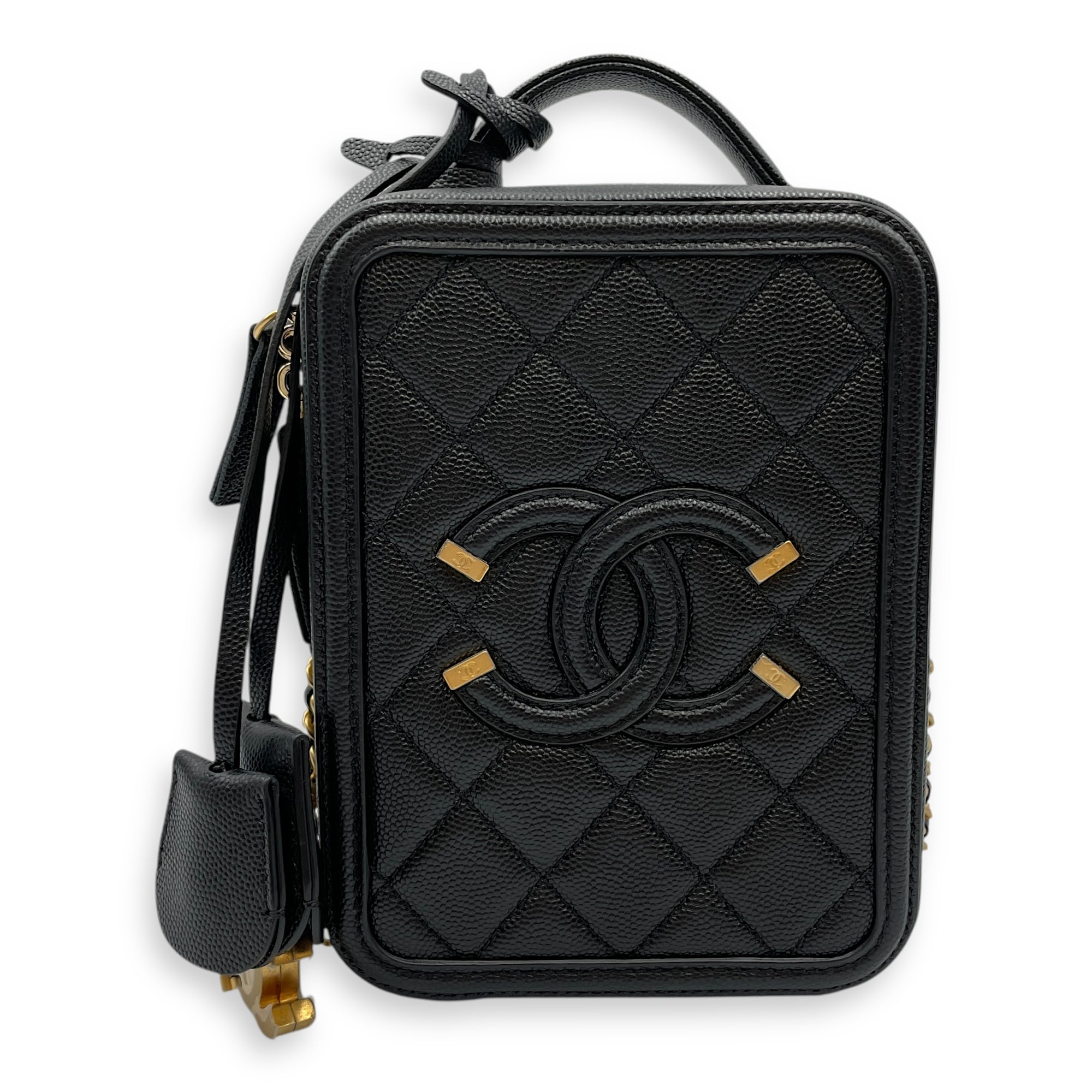 Quilted Filigree Vanity Case Black Crossbody Bag in Caviar Leather, Gold hardware