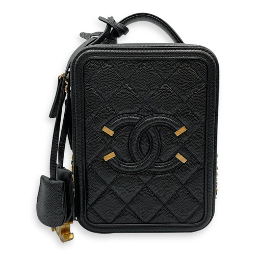 Quilted Filigree Vanity Case Black Crossbody Bag in Caviar Leather, Gold hardware